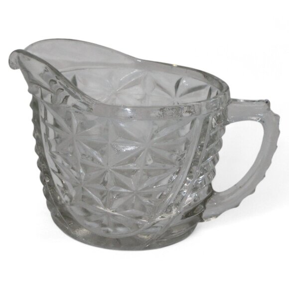 Vintage Pressed Glass Creamer With Starburst Pattern & Ribbed Handle - Picture 1 of 5